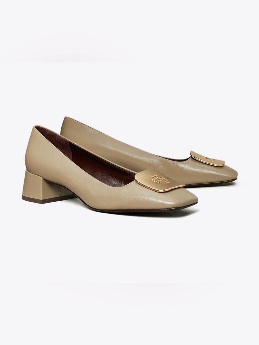 Tory Burch Taupe Leather Georgia Block Heel Flats with Gold Emblem